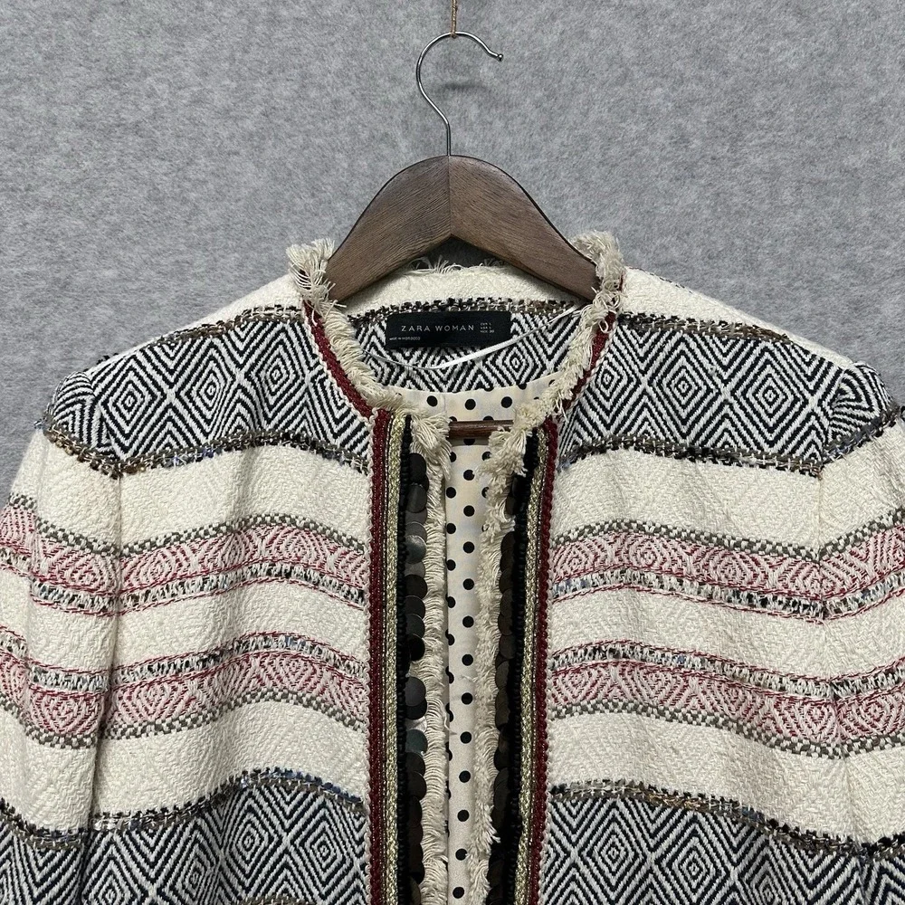 Zara Blazer Womens Blazer Size L Ivory Tunic Festival Open Front Jacket Boho Bea